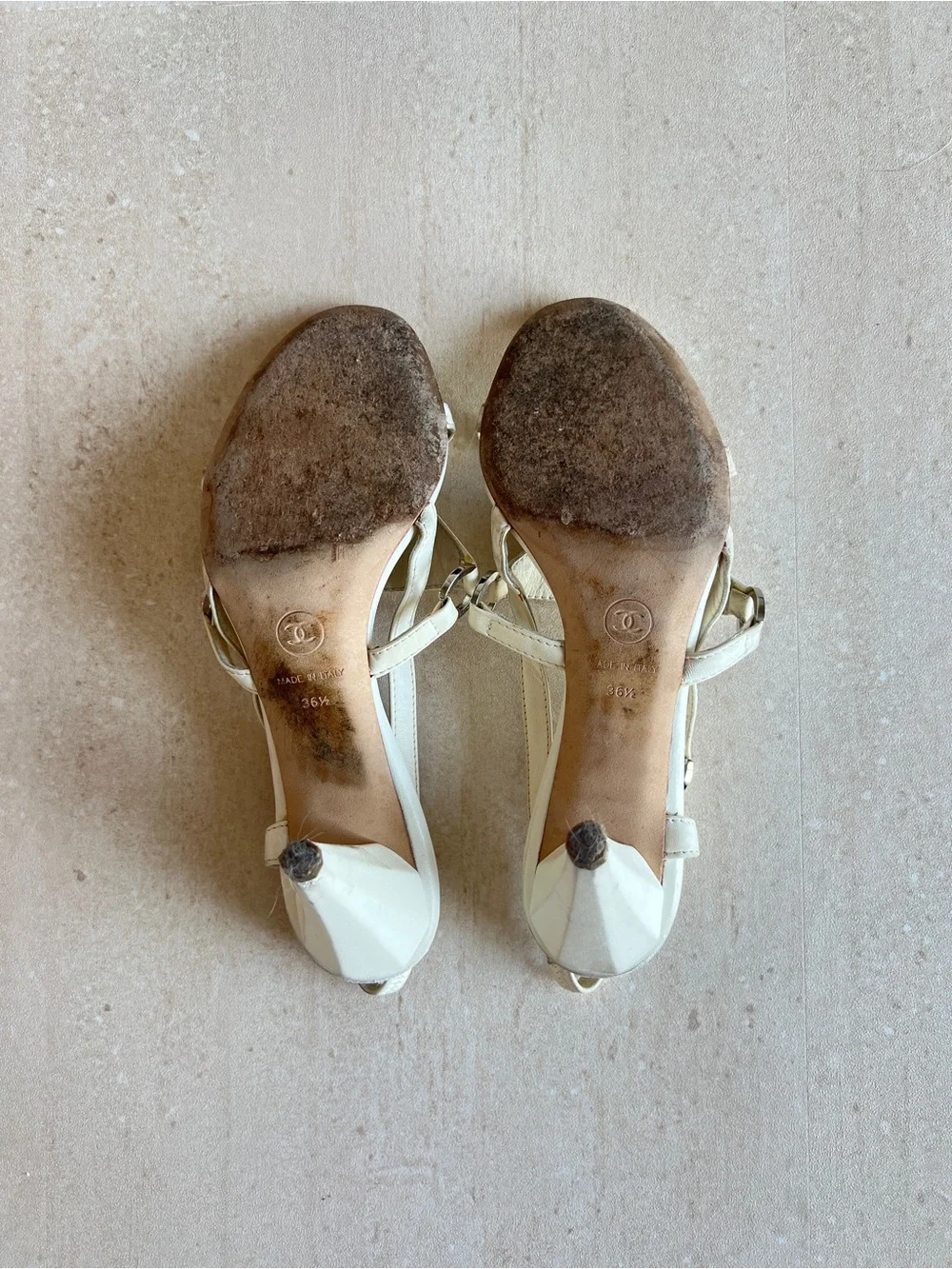 Vintage Chanel White Slingback Studded Sandals with Box